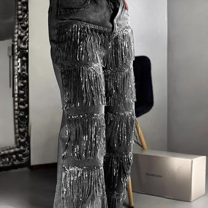 Sera Women's Jeans | Relaxed Fit, Tiered Tassels, Black - Hartwella