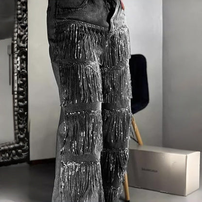 Sera Women's Jeans | Relaxed Fit, Tiered Tassels, Black - Hartwella