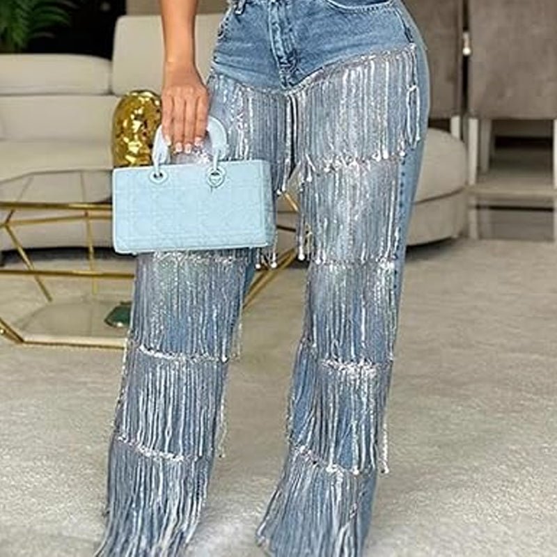 Sera Women's Jeans | Relaxed Fit, Tiered Tassels, Black - Hartwella