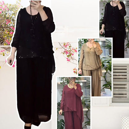 Sera Women's Set | Sequin Blouse & Wide-Leg Pants, Elegant Two Piece Set - Hartwella
