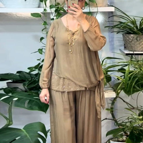 Sera Women's Set | Sequin Blouse & Wide-Leg Pants, Elegant Two Piece Set - Hartwella