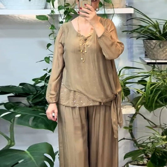 Sera Women's Set | Sequin Blouse & Wide-Leg Pants, Elegant Two Piece Set - Hartwella