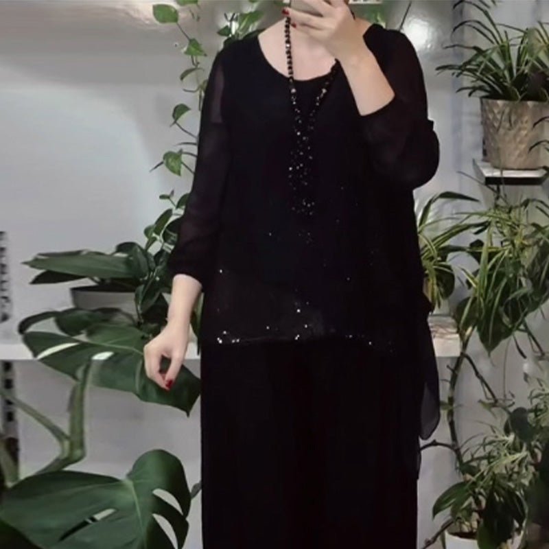 Sera Women's Set | Sequin Blouse & Wide-Leg Pants, Elegant Two Piece Set - Hartwella