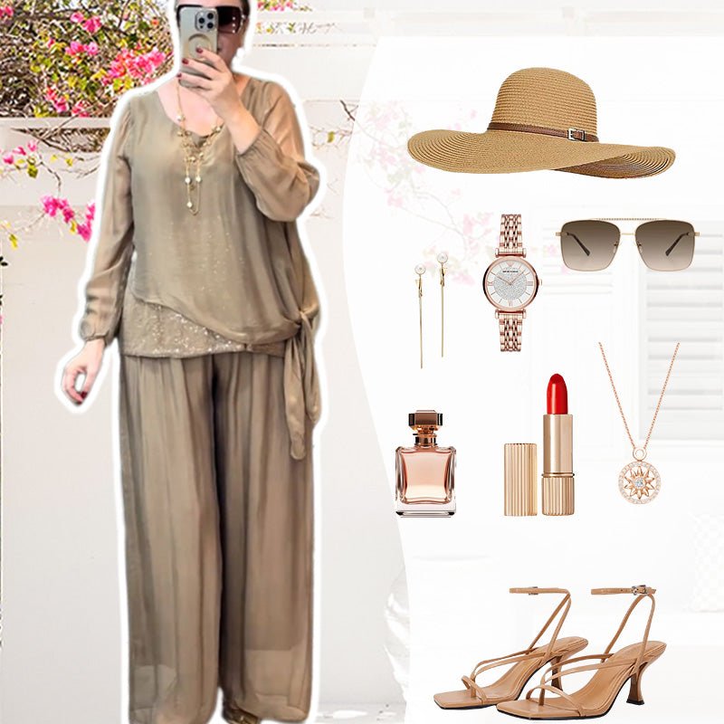 Sera Women's Set | Sequin Blouse & Wide-Leg Pants, Elegant Two Piece Set - Hartwella