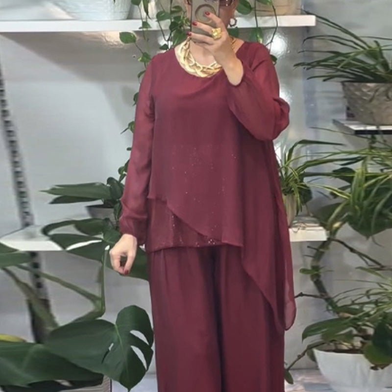 Sera Women's Set | Sequin Blouse & Wide-Leg Pants, Elegant Two Piece Set - Hartwella