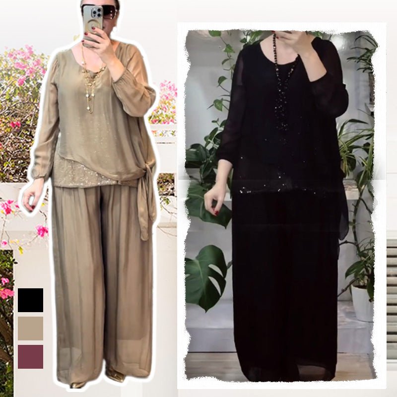 Sera Women's Set | Sequin Blouse & Wide-Leg Pants, Elegant Two Piece Set - Hartwella