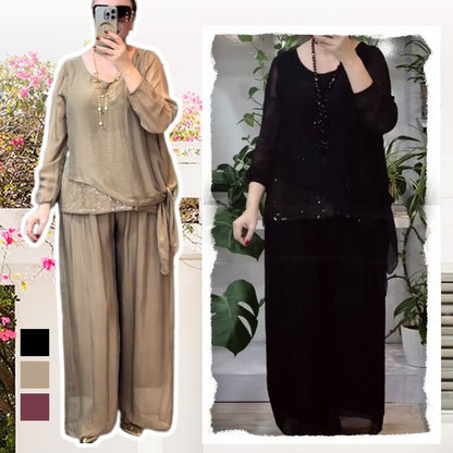 Sera Women's Set | Sequin Blouse & Wide-Leg Pants, Elegant Two Piece Set - Hartwella