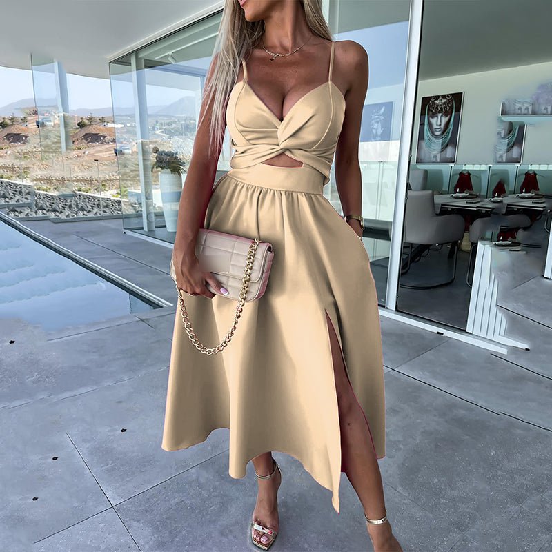 Sienna Spaghetti Strap Dress | Elegant Black Cocktail Dress with High Slit - Hartwella