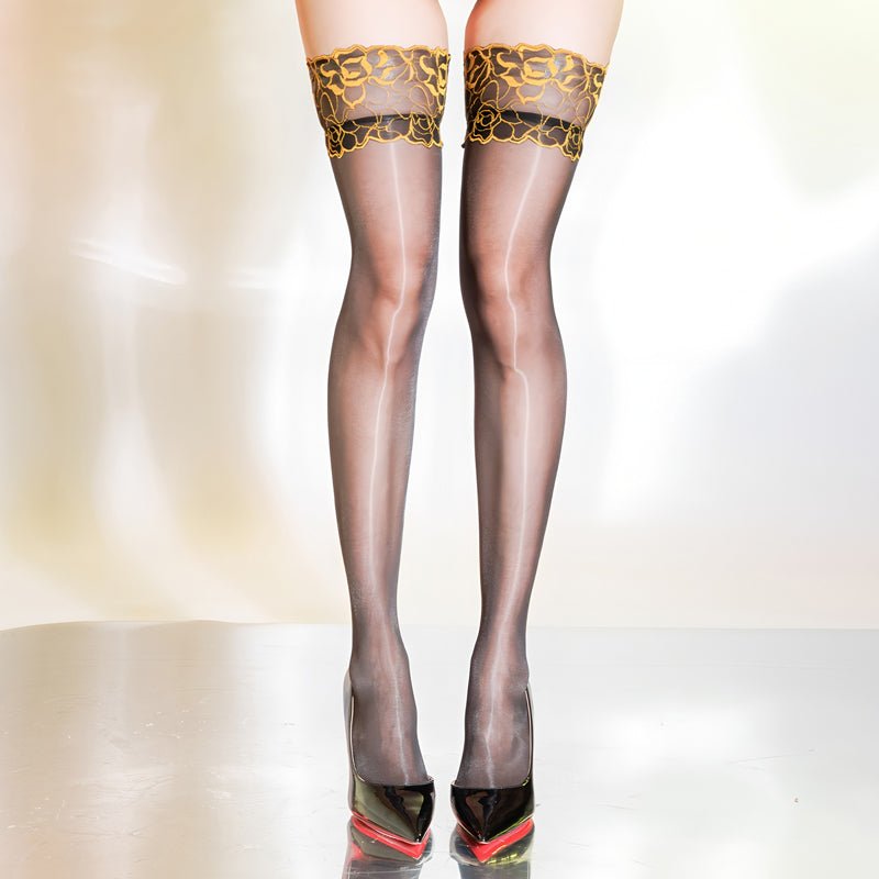 Siren Thigh-High Stockings | Glossy Finish with Lace Trim - Hartwella