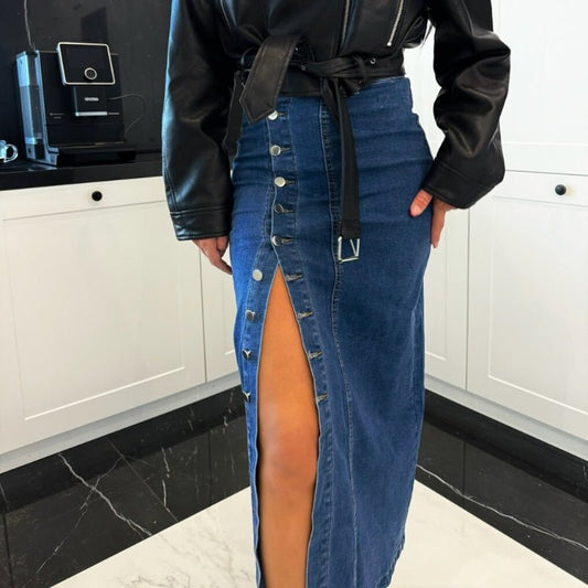 Sleek Denim Skirt | Button Closure, Bodycon Fit - Hartwella