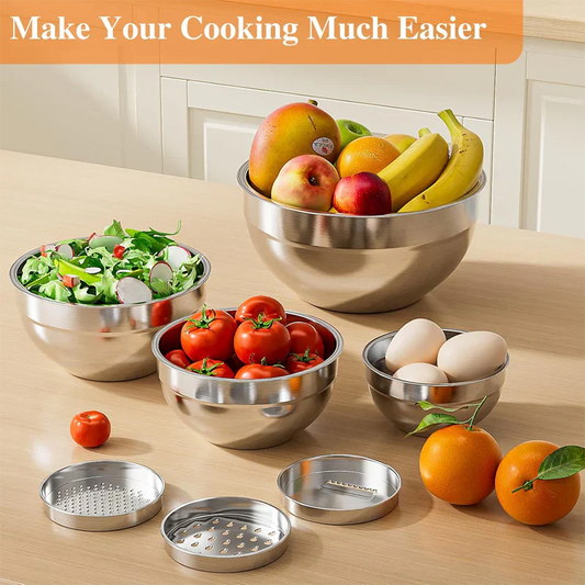 Sleek Mixing Bowl Set | Stainless Steel, 6 Bowls with Lids and Grater Attachments - Hartwella