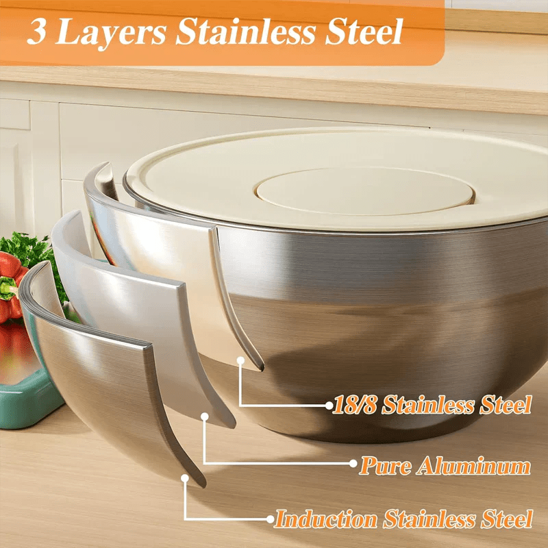 Sleek Mixing Bowl Set | Stainless Steel, 6 Bowls with Lids and Grater Attachments - Hartwella