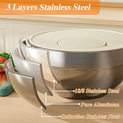 Sleek Mixing Bowl Set | Stainless Steel, 6 Bowls with Lids and Grater Attachments - Hartwella