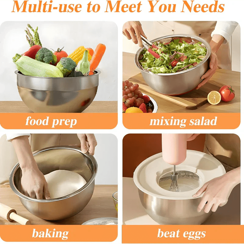 Sleek Mixing Bowl Set | Stainless Steel, 6 Bowls with Lids and Grater Attachments - Hartwella