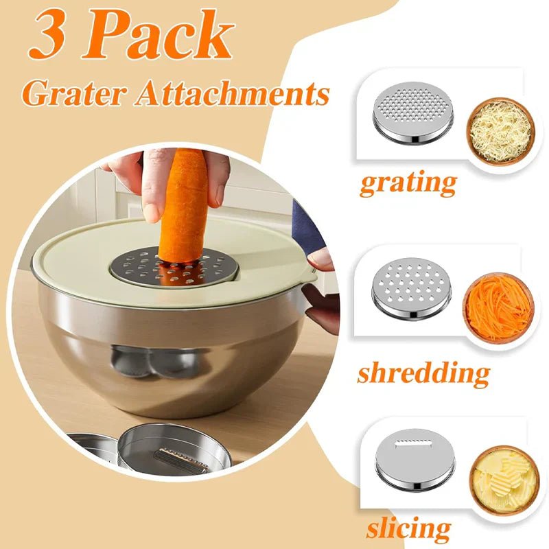 Sleek Mixing Bowl Set | Stainless Steel, 6 Bowls with Lids and Grater Attachments - Hartwella