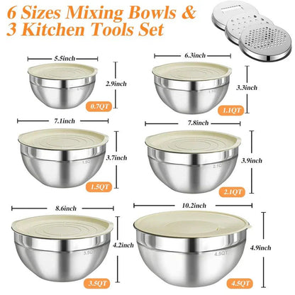 Sleek Mixing Bowl Set | Stainless Steel, 6 Bowls with Lids and Grater Attachments - Hartwella