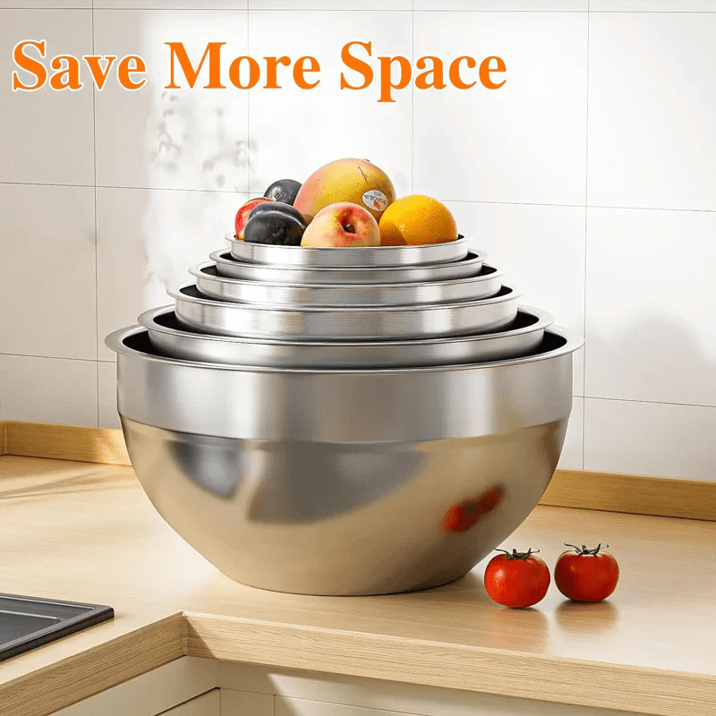 Sleek Mixing Bowl Set | Stainless Steel, 6 Bowls with Lids and Grater Attachments - Hartwella