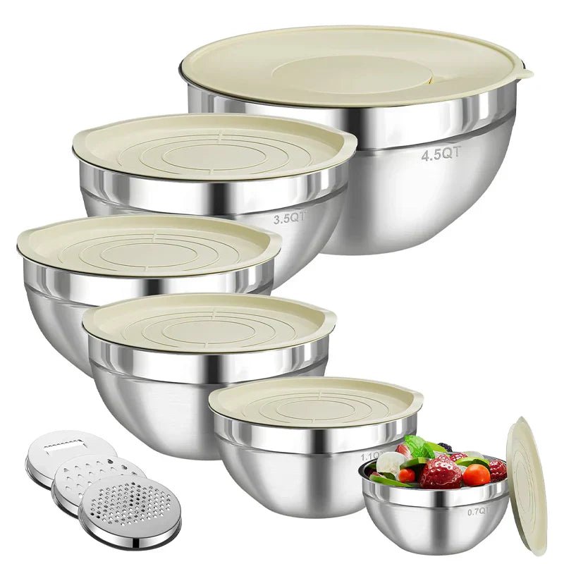 Sleek Mixing Bowl Set | Stainless Steel, 6 Bowls with Lids and Grater Attachments - Hartwella