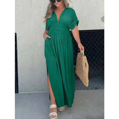 Sleek V-Neck Dress | Casual, Lightweight Cotton Blend Summer Dress - Hartwella