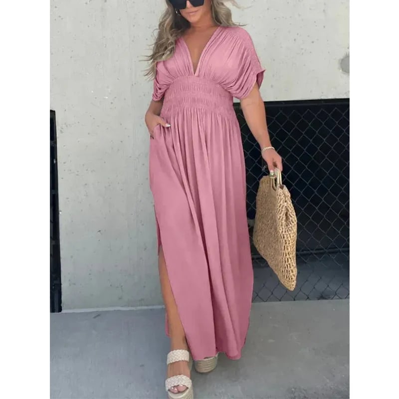Sleek V-Neck Dress | Casual, Lightweight Cotton Blend Summer Dress - Hartwella
