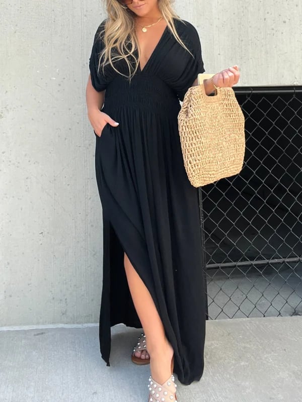 Sleek V-Neck Dress | Casual, Lightweight Cotton Blend Summer Dress - Hartwella