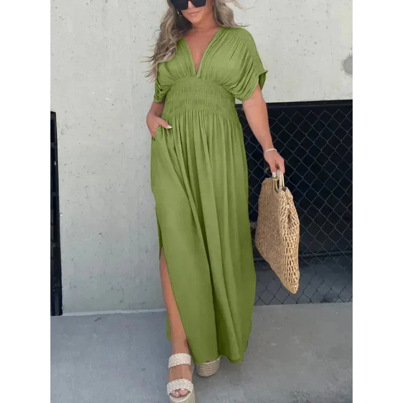 Sleek V-Neck Dress | Casual, Lightweight Cotton Blend Summer Dress - Hartwella