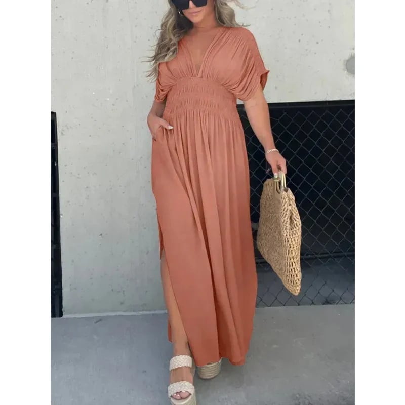 Sleek V-Neck Dress | Casual, Lightweight Cotton Blend Summer Dress - Hartwella