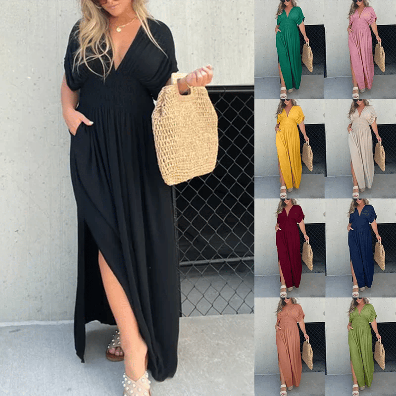 Sleek V-Neck Dress | Casual, Lightweight Cotton Blend Summer Dress - Hartwella