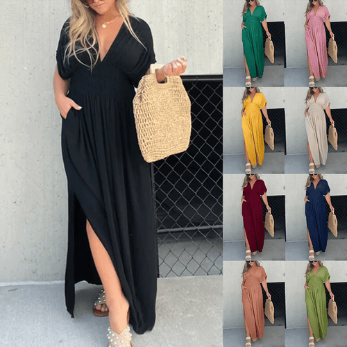 Sleek V-Neck Dress | Casual, Lightweight Cotton Blend Summer Dress - Hartwella