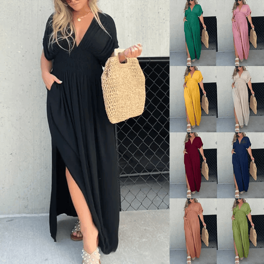 Sleek V-Neck Dress | Casual, Lightweight Cotton Blend Summer Dress - Hartwella