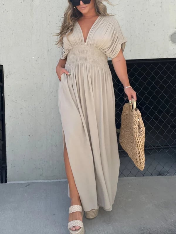 Sleek V-Neck Dress | Casual, Lightweight Cotton Blend Summer Dress - Hartwella