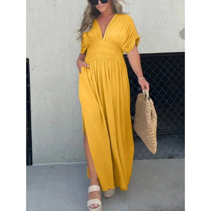 Sleek V-Neck Dress | Casual, Lightweight Cotton Blend Summer Dress - Hartwella