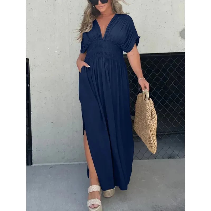 Sleek V-Neck Dress | Casual, Lightweight Cotton Blend Summer Dress - Hartwella
