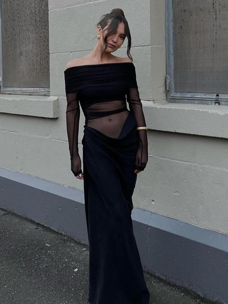 Sola Maxi Dress | Off Shoulder, Pleated Sheer Mesh Design - Hartwella