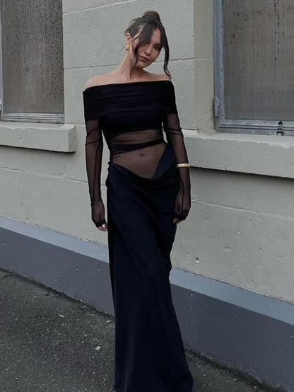 Sola Maxi Dress | Off Shoulder, Pleated Sheer Mesh Design - Hartwella