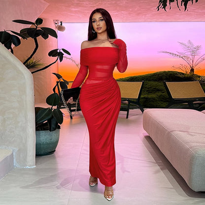 Sola Maxi Dress | Off Shoulder, Pleated Sheer Mesh Design - Hartwella