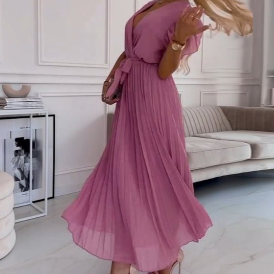 Soleil Pleated Dress | Flowy, V-Neck Design - Hartwella
