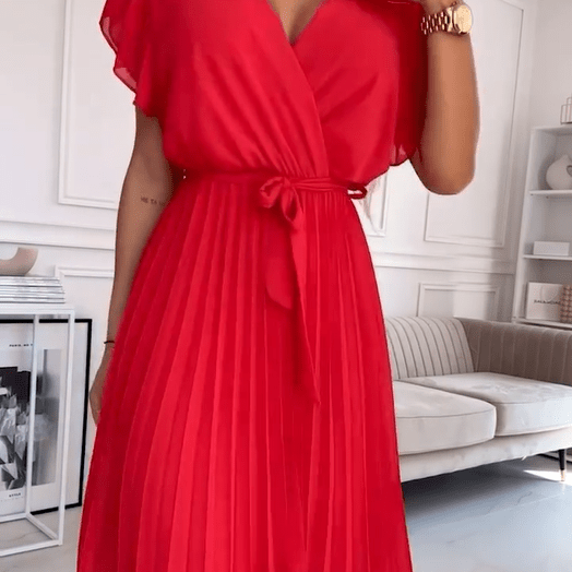 Soleil Pleated Dress | Flowy, V-Neck Design - Hartwella