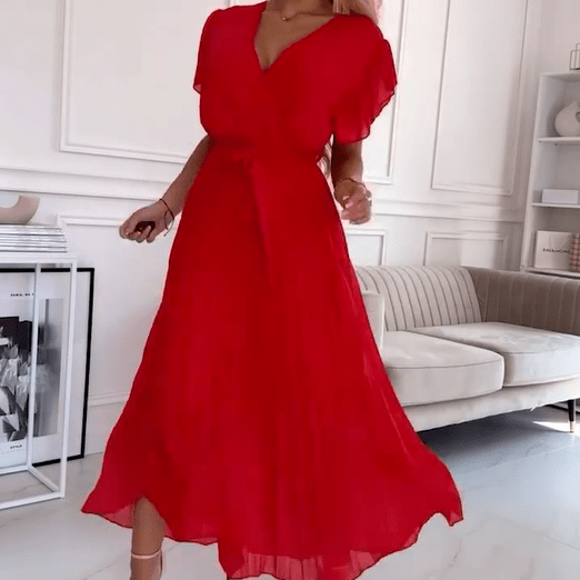 Soleil Pleated Dress | Flowy, V-Neck Design - Hartwella