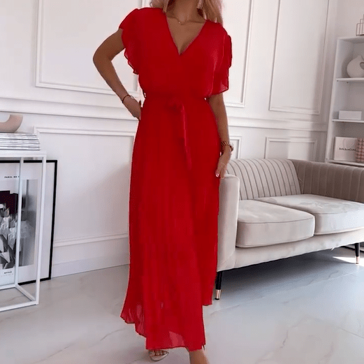 Soleil Pleated Dress | Flowy, V-Neck Design - Hartwella
