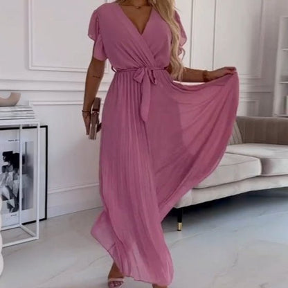 Soleil Pleated Dress | Flowy, V-Neck Design - Hartwella