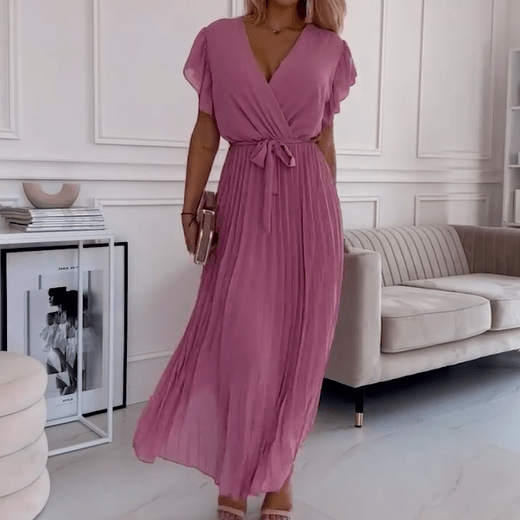 Soleil Pleated Dress | Flowy, V-Neck Design - Hartwella