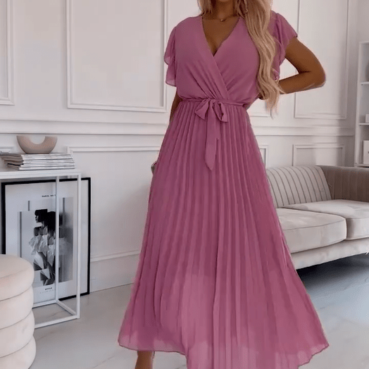 Soleil Pleated Dress | Flowy, V-Neck Design - Hartwella
