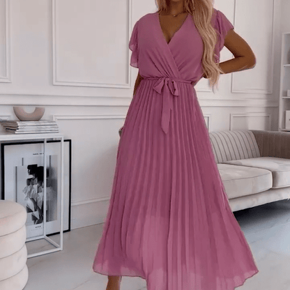 Soleil Pleated Dress | Flowy, V-Neck Design - Hartwella