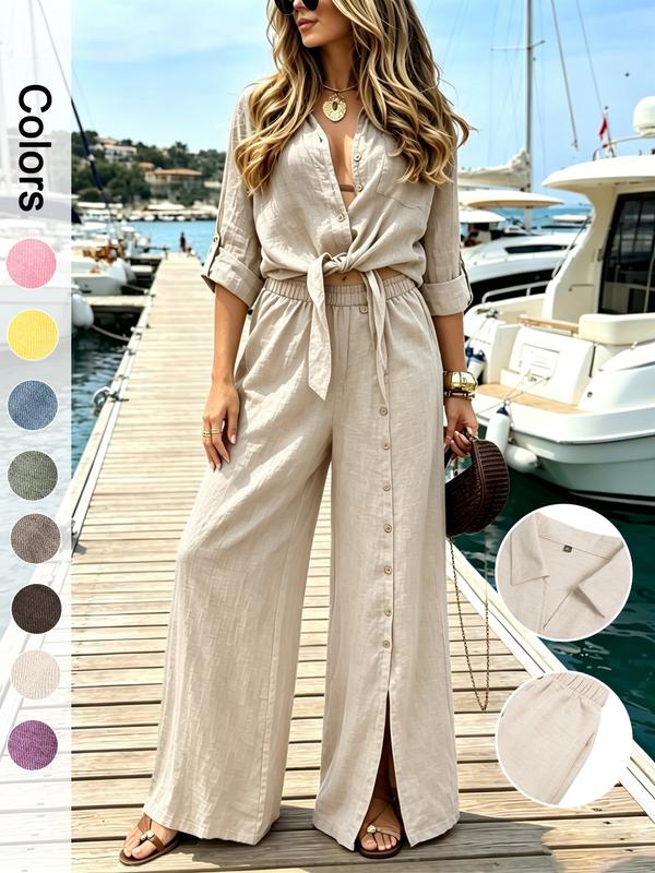 Soleil Women's Set | Elegant Loungewear Two-Piece Set with Knot Top and Wide-Leg Pants - Hartwella
