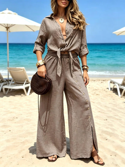 Soleil Women's Set | Elegant Loungewear Two-Piece Set with Knot Top and Wide-Leg Pants - Hartwella