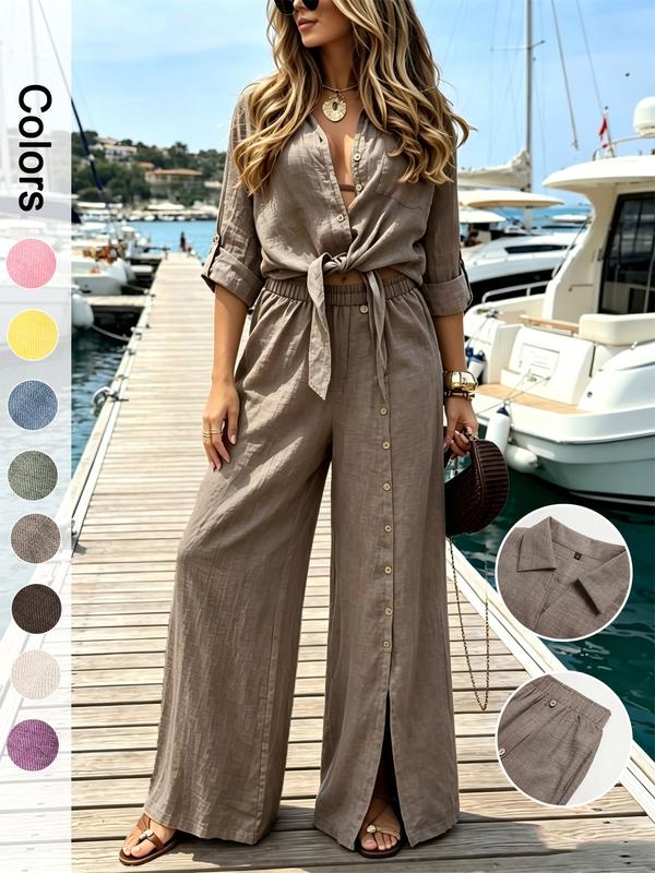 Soleil Women's Set | Elegant Loungewear Two-Piece Set with Knot Top and Wide-Leg Pants - Hartwella