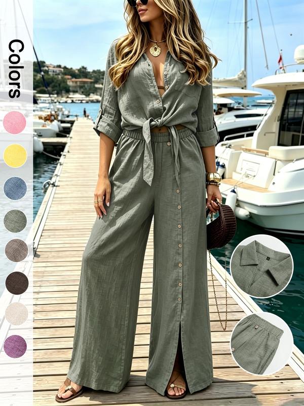 Soleil Women's Set | Elegant Loungewear Two-Piece Set with Knot Top and Wide-Leg Pants - Hartwella