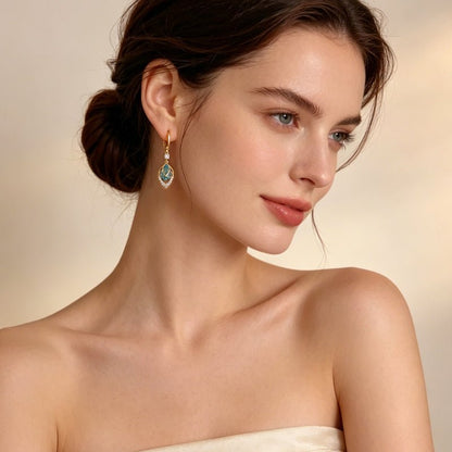 Sora Gold Hoop Earrings | Elegant Art-Deco Design with Sky-Blue Rhinestone - Hartwella