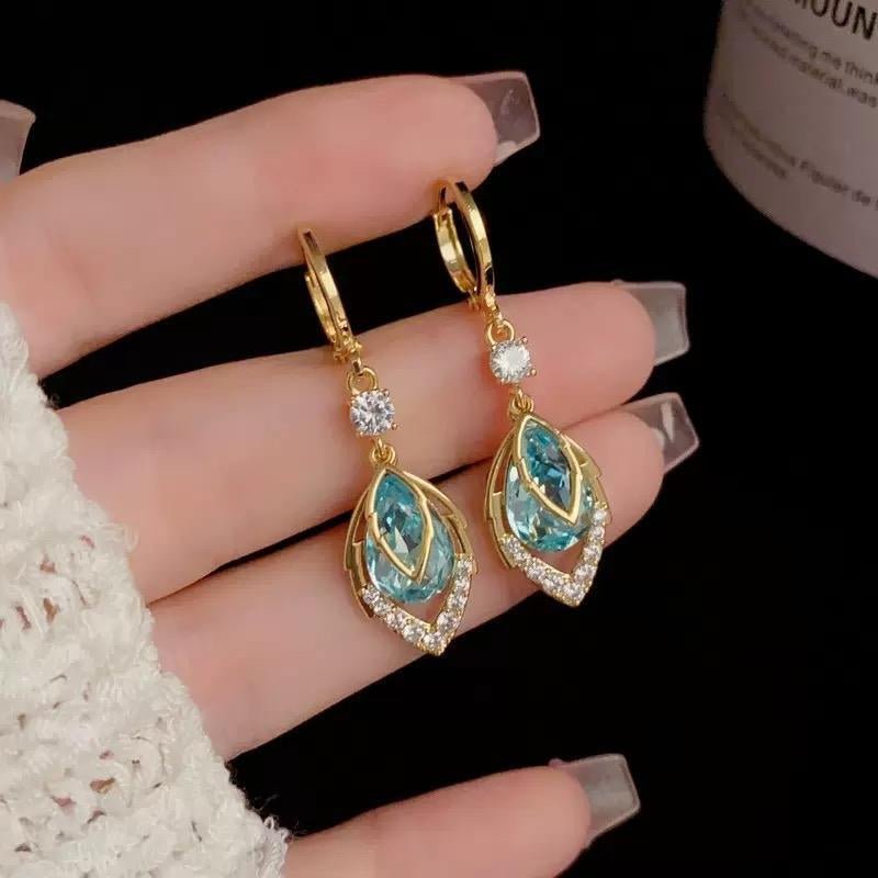 Sora Gold Hoop Earrings | Elegant Art-Deco Design with Sky-Blue Rhinestone - Hartwella
